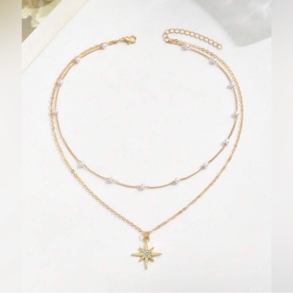 Gold Faux Pearl & Star Rhinestone Layered Necklace - Picture 2 of 2